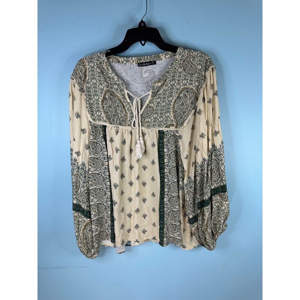 See And Be Seen green and cream paisley print top Boho peasant hippie SIze 2XL